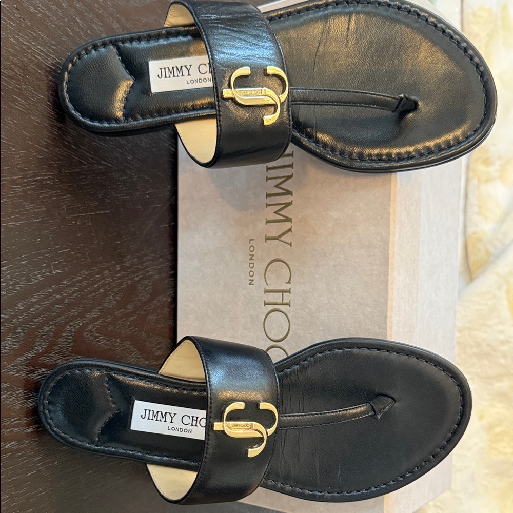 Authentic Jimmy Choo Black Leather Logo Thong Sandals – Size 8 – Box Included